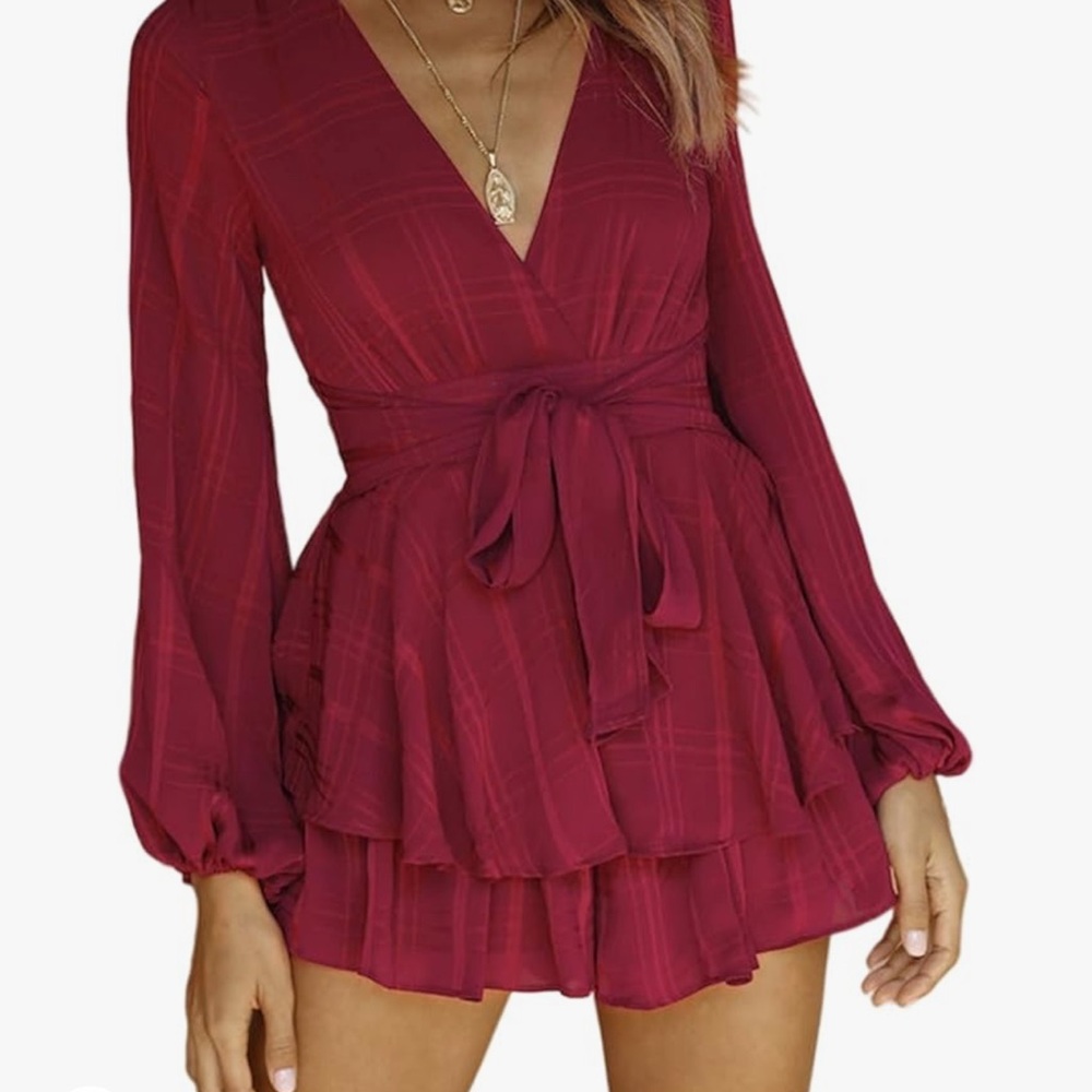 Red V-Neck Double Layered Ruffled Romper Jumpsuit